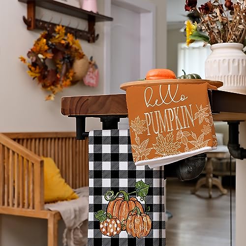 Brown Pumpkin Fall Kitchen Towels Set of 2 - Black Buffalo Plaid
