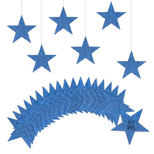 Blue Star Cardboard Cutouts - 80 Glitter Stars for 4th of July & Party Decor - 6in - Blue