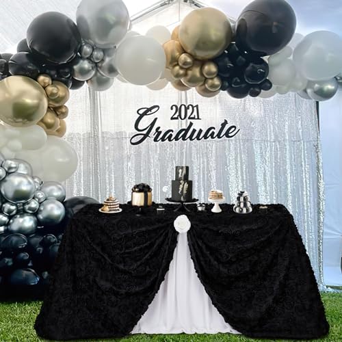 Black 3D Floral Rosette Satin Tablecloth 90x156 Inches for Wedding & Party