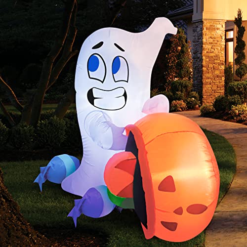 5 Ft Halloween Inflatable Ghost with Candy Pumpkin Cauldron Yard Decor