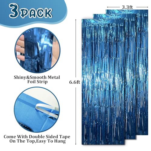 Voircoloria Retro Blue Foil Fringe Curtain Set - 3 Pieces, 3.3x6.6ft