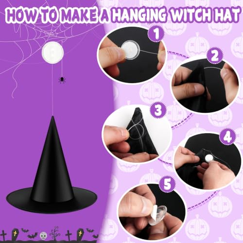 Halloween Black Witches Hat with 3D Bats - Floating Costume Accessory, 12-Pack
