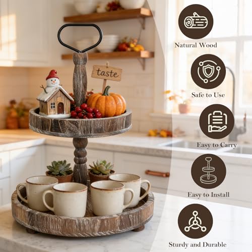 Horse Rustic Wooden Tiered Tray Light Brown 18.5x12.5 Farmhouse Decor Cupcake Stand
