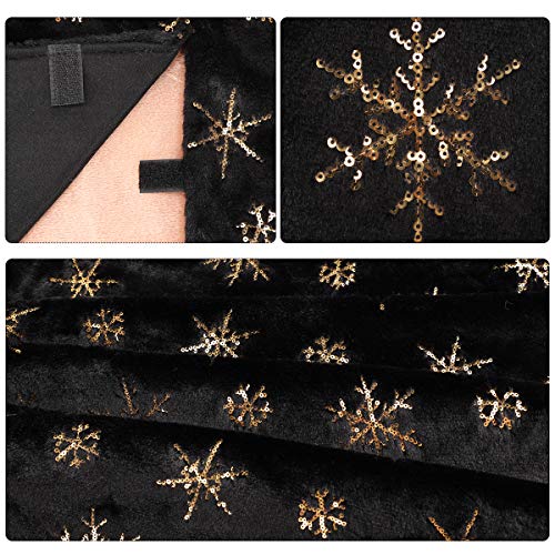 48 Inch Black Gold Faux Fur Christmas Tree Skirt with Sequin Snowflakes