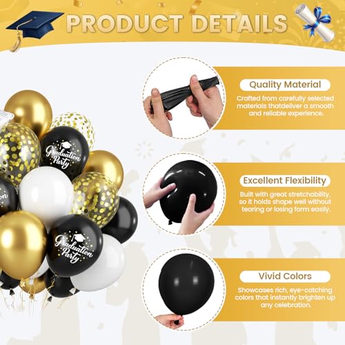 Black Gold White Graduation Balloons Set 60 Pcs for Party Decorations