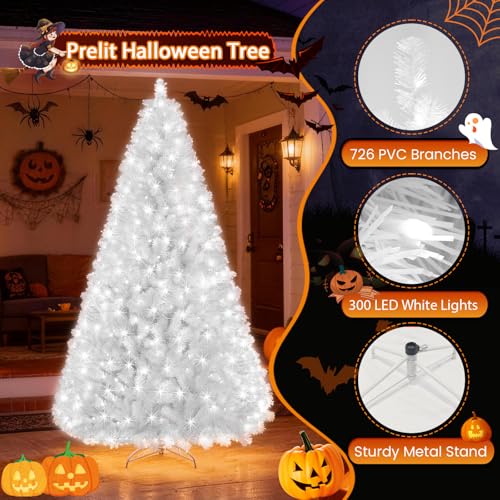 White 6ft Prelit Christmas Tree with 300 LED Lights & PVC Branches - Halloween & Xmas Decor - Metal Stand & Hinged Branches (Variation: White / 6ft)