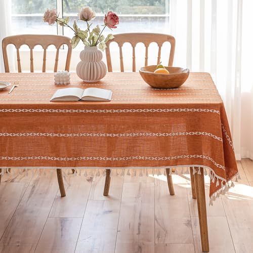 Burnt Orange Linen Rectangle Tablecloth with Tassels 55x102 Inch Farmhouse Decor