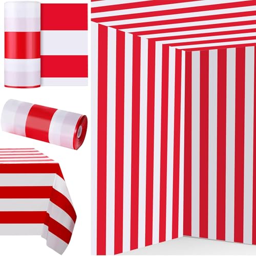 Red and White Striped Tablecloth Roll - 100 Ft Carnival Party Decor