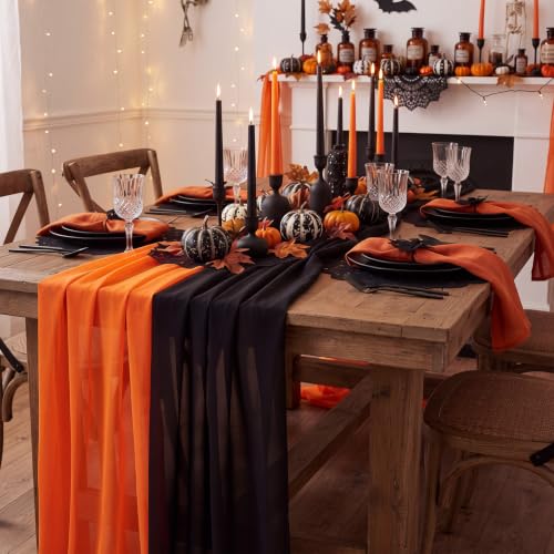 Halloween Table Runner Set - Black Orange Purple Chiffon Party Decor - 6 Pieces