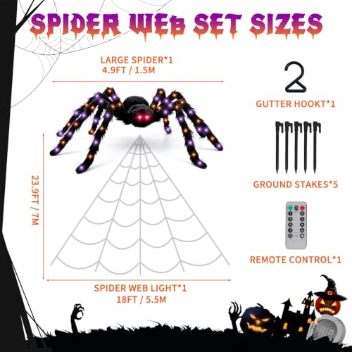 Halloween Spider Web Lights Decoration with Giant 59-Inch Spider - Orange & Purple LED