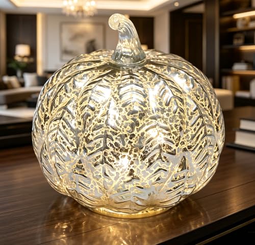 Mercury Glass Pumpkin Light with Timer - Silver Fairy Lights Halloween Fall Decor