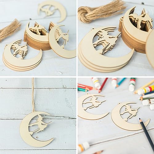 Wooden Moon Witch Ornaments for Halloween & Holiday Decorations Set of 20