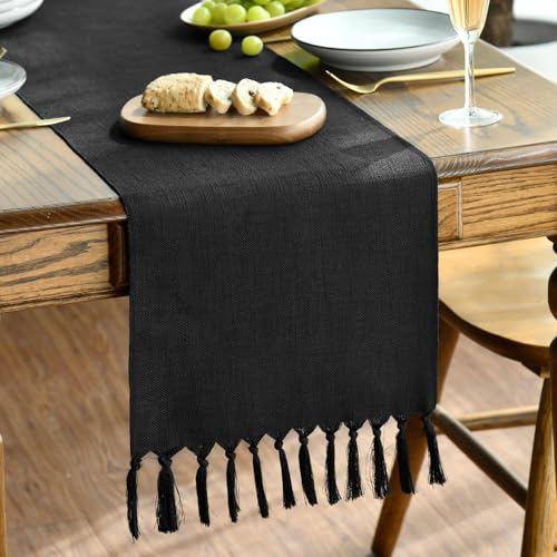 Black Tassel Table Runner 13x72 Inch Halloween Rustic Farmhouse Dining Decor