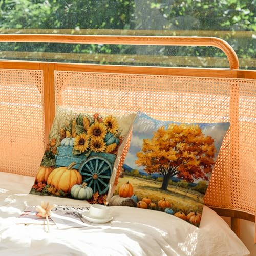 YeeJu Fall Throw Pillow Covers Set of 4 22x22 A-Fall 31 Pumpkin Leaves Sunflower