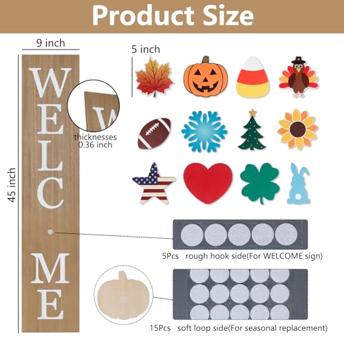 Wood Interchangeable Welcome Sign for Porch - 45x9 Inches with 12 Holiday Icons