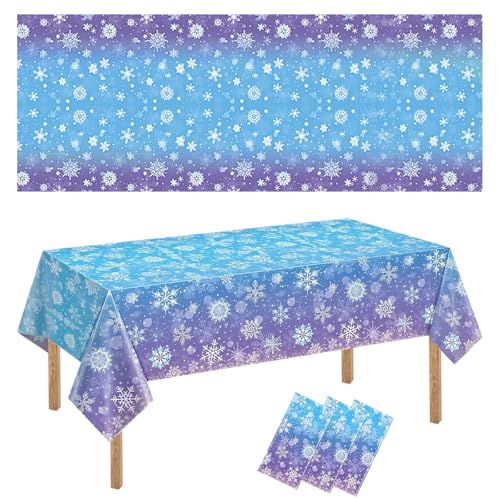Snowflake Winter Tablecloth 3 Pack for Holiday Party Decorations - Blue & Purple Disposable Plastic Cover - Christmas & Winter Events
