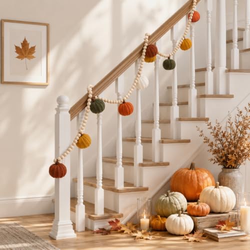 Halloween Crochet Pumpkin Garland with Wood Beads - Earth Tone, 6.5ft