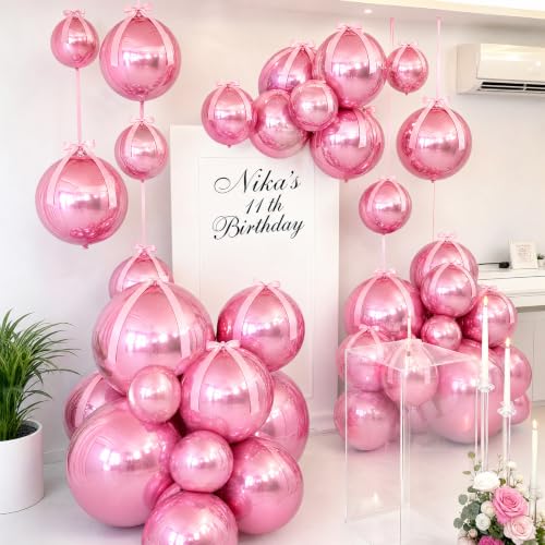 Pink Metallic Foil Balloons Set - 3 Sizes with Ribbons, Reusable Celebration Decor