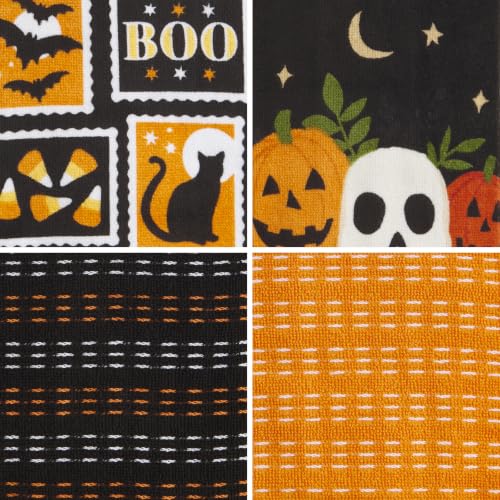 Halloween Kitchen Towel Set with Skull & Bat Designs - 4-Piece