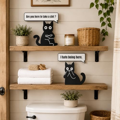 Black Cat Wall Art Set of 4 - Fun Bathroom Decor with Slogans - Variation: Bathroom Black Cat