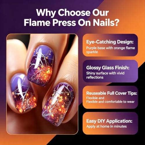 Halloween Short Square Press On Nails - Purple Orange Gradient Glitter - Variation 22