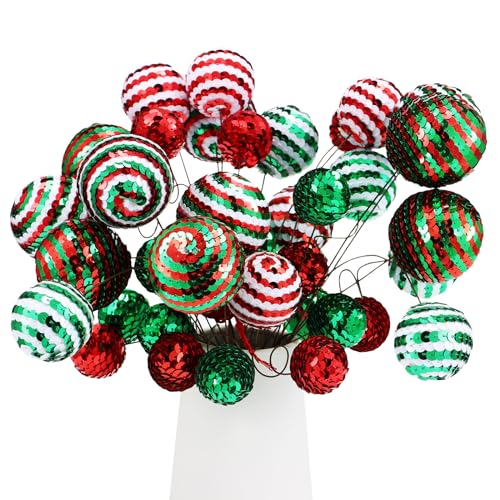 Christmas Sequin Ball Picks Set - Red Green White 40 Pcs Holiday Decor