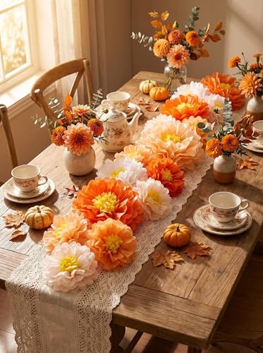 Orange Paper Flower Wall Decor - 20-Inch Large Fall & Party Decoration - Pack of 9 - Variation: Orange