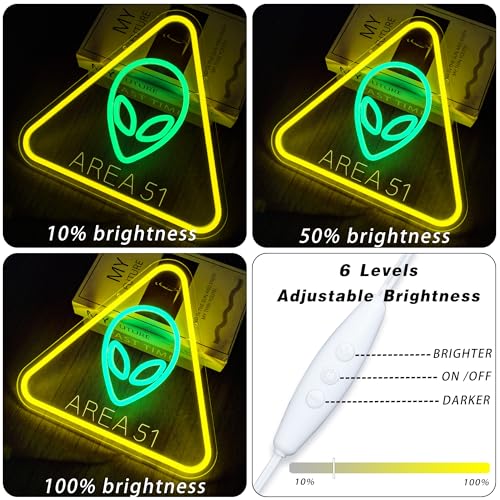 Alien Neon Sign - Area 51 LED Wall Decor with UFO Green Alien & Triangle Frame - Gamer Room & Man Cave Lighting - Variation: Alien