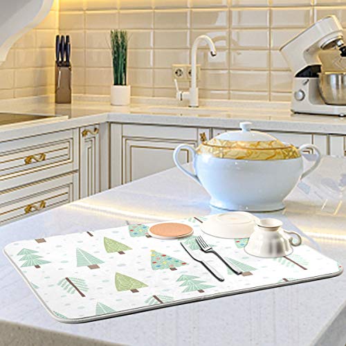 Christmas Trees Dish Drying Mat 16x18 Inches - Kitchen Counter Protector & Absorbent Polyester