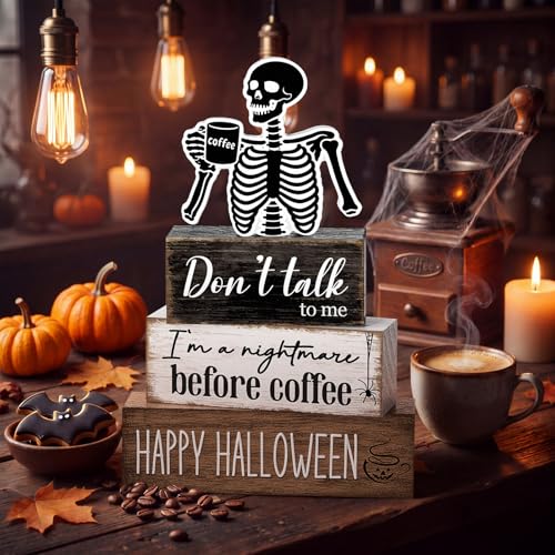 Halloween Skeleton Coffee Bar Decor Set - Wooden Skeleton Tabletop Decor with Nightmare Before Coffee Variant
