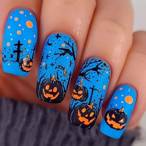 Halloween Press On Nails Medium Square Fake Nails with Pumpkin Design - Blue Matte - Variation of THIS listing