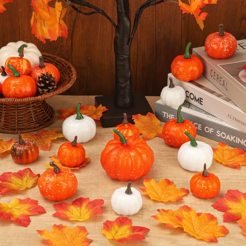Artificial Pumpkin & Maple Leaf Fall Decor Set - Halloween Thanksgiving Centerpiece