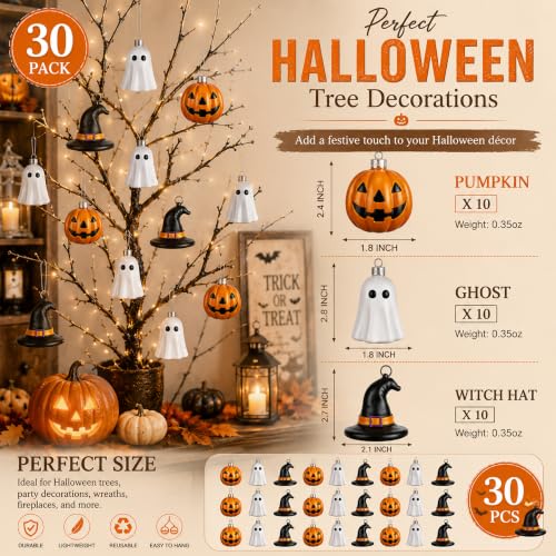 Halloween Hanging Ornaments Set - Silver Ghost, Gold Pumpkin & Witch Hat - 30 Mini Plastic Decorations