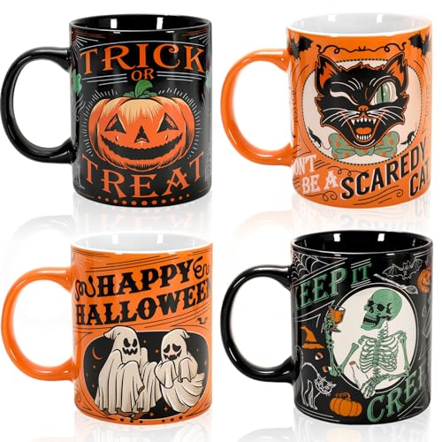 Halloween Ceramic Mug Set - Spooky Pumpkin Black Cat Ghost Skeleton 12oz Coffee Cups
