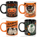 Halloween Ceramic Mug Set - Spooky Pumpkin Black Cat Ghost Skeleton 12oz Coffee Cups