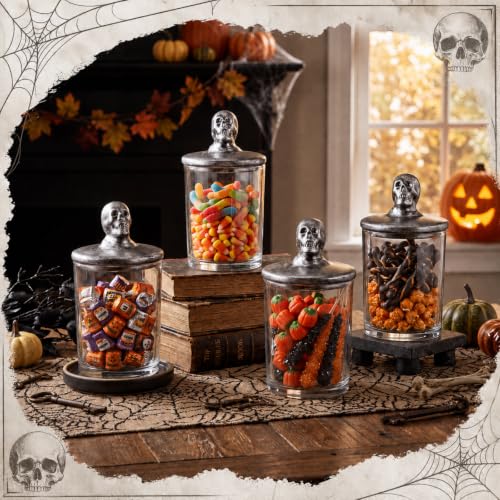Halloween Glass Storage Jars with Skull Ceramic Lids - 4 Pack Dark Decor