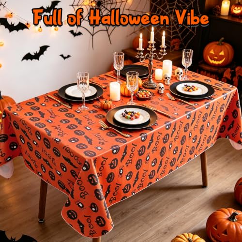 Halloween Vinyl Tablecloth with Flannel Backing 60x84 Inch - Orange & Black, Waterproof & Reusable
