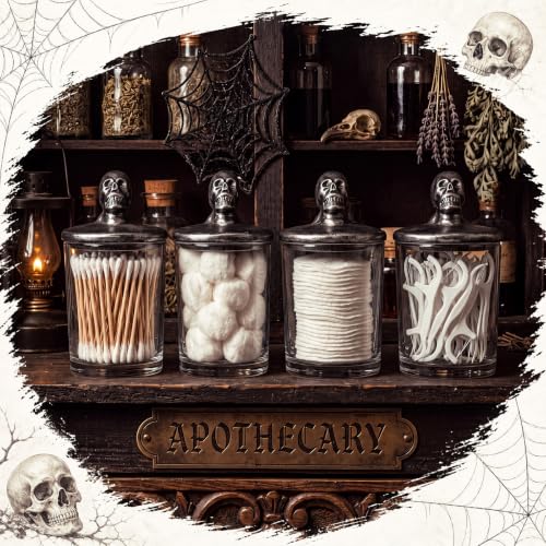 Halloween Glass Storage Jars with Skull Ceramic Lids - 4 Pack Dark Decor