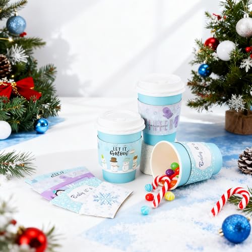 Winter Snowflake Coffee Cups Set with Lids and Sleeves - 50 Pack - Blue & Purple