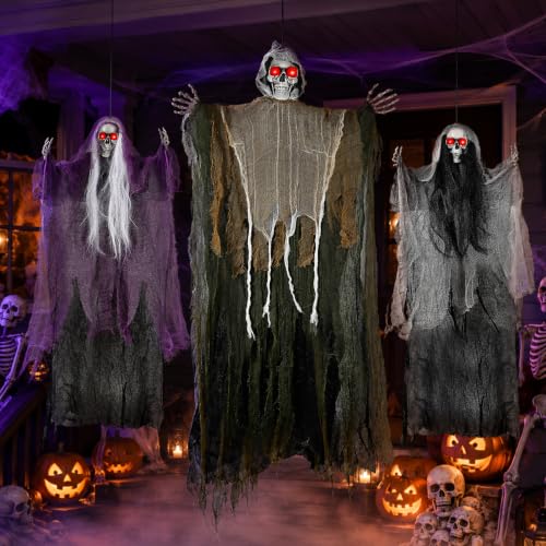 Grey Hanging Ghost Decorations Set - Spooky Halloween Skeleton & Ghost Decor with Glowing Eyes - 3PCS
