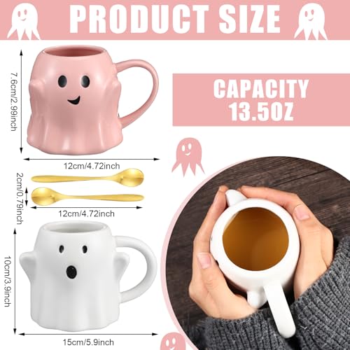 Halloween Ghost Mug Set - 14 oz Ceramic Drinkware with Golden Spoons