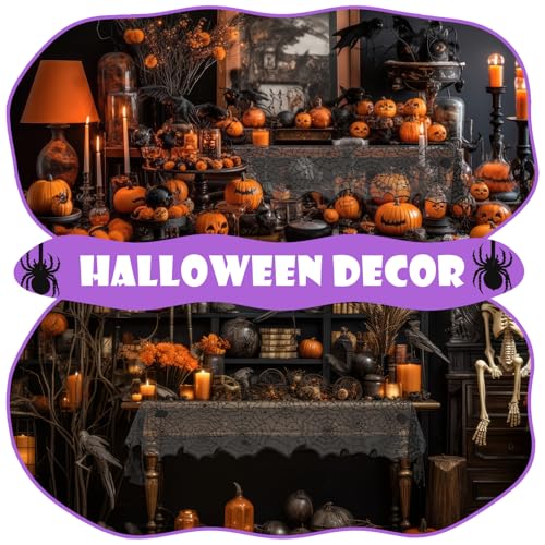 Halloween Table Runner Black Lace Spider Web Decor, 18 x 72 Inches - Spooky Party Tablecloth with Spiders - Windkream