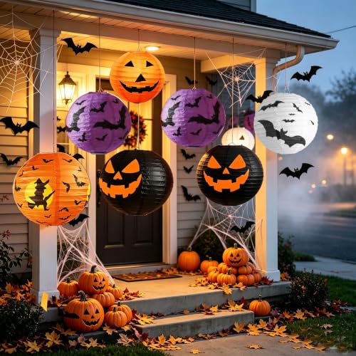 Halloween Hanging Paper Lanterns Set - 12PCS Ghost Pumpkin Decor - Orange, Black, White, Purple
