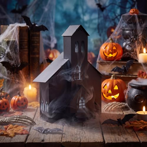 Gothic Haunted House Decor - Metal Village House for Halloween Tabletop - Black & Distressed Finish