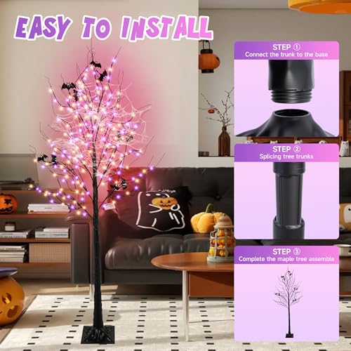 Purple & Orange Halloween Lighted Tree with 260 LEDs, 6FT, Dimmable & Timer, Indoor Outdoor Decorations