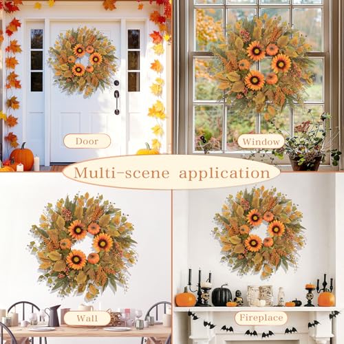 Fall Eucalyptus Wreath with Pumpkin Sunflowers & Leaves - 24 Inch Orange