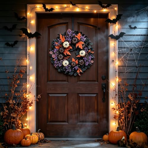 Halloween Wreath for Front Door - Black & White Pumpkins, 22 Inch - Variation: Black