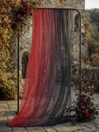 Black & Red Sequin Sheer Table Runner 120 Inch - 6pcs, Gauze Tulle Holiday & Wedding Decor