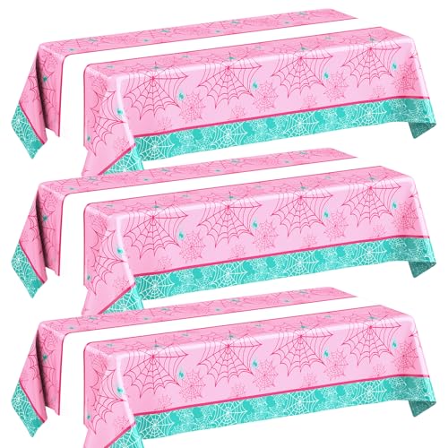 Pink and Green Spider Tablecloth Set - 3 Pack for Birthday & Halloween Parties