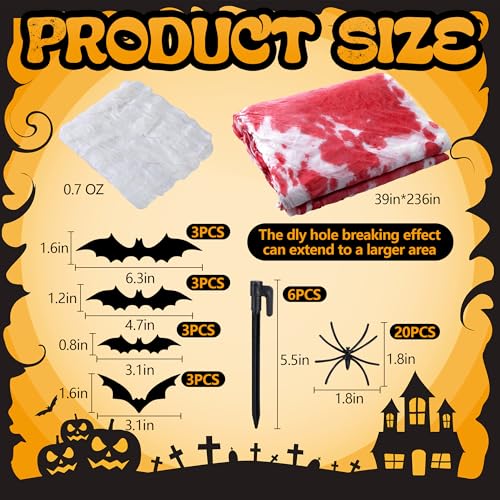 236x39 Inch Bloody Halloween Spider Web Netting - 680 Sq Ft Outdoor Decoration with Spiders & Bats
